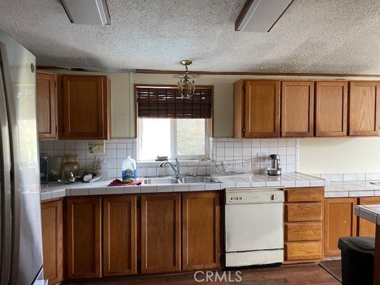 Chandelier, Interior, Kitchen, Tile Countertops, Wood Texture Flooring