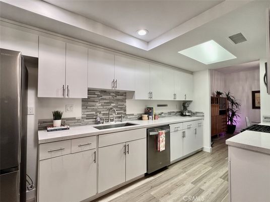 Interior, Kitchen, Recessed Lighting, Stainless Steel Appliances, Wood Texture Flooring