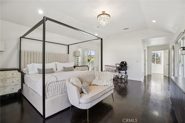 Bedroom, Chandelier, Interior, Recessed Lighting, Wood Texture Flooring