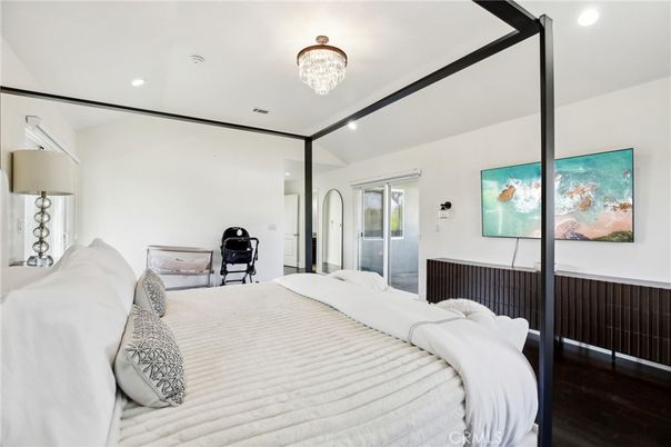 Bedroom, Chandelier, Interior, Recessed Lighting, Wood Texture Flooring