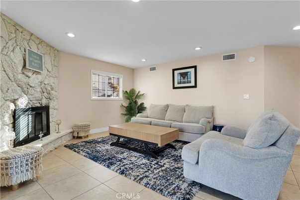 Fireplace, Interior, Living room, Recessed Lighting, Stone Walls