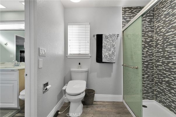 Bathroom, Glass Shower, Interior, Wood Texture Flooring