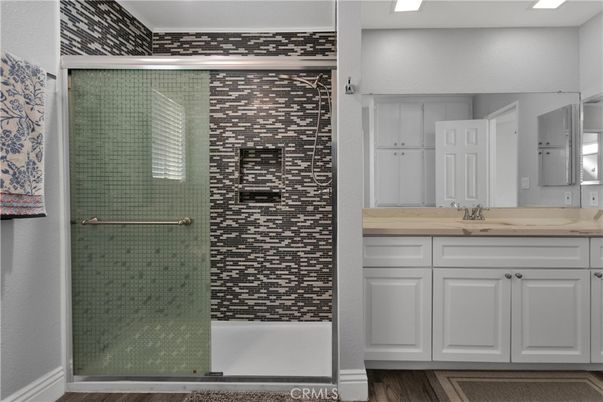 Bathroom, Glass Shower, Interior, Wood Texture Flooring
