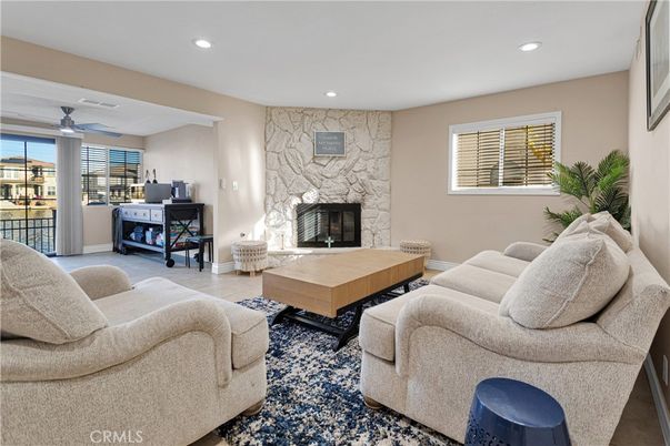 Fireplace, Interior, Living room, Recessed Lighting, Stone Walls
