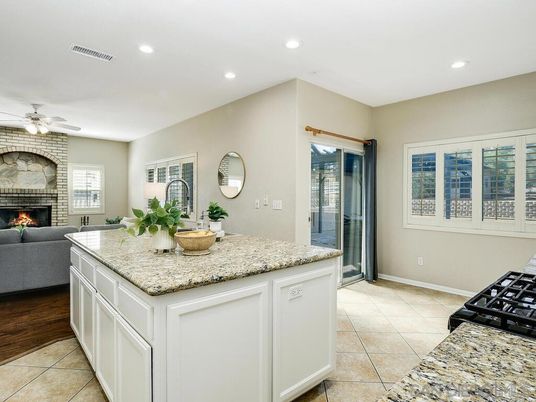 Fireplace, Interior, Kitchen, Living room, Recessed Lighting, Stone Walls, Wood Texture Flooring
