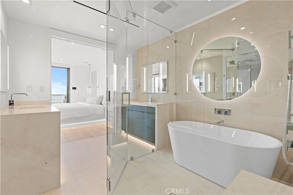 Bathroom, Bedroom, Free Standing Baths, Glass Shower, Interior, Pendant Lights, Recessed Lighting, Wood Texture Flooring