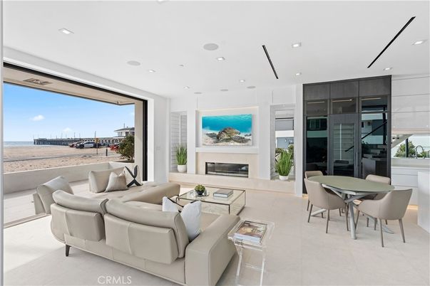 Dining room, Fireplace, Interior, Living room, Recessed Lighting, Water
