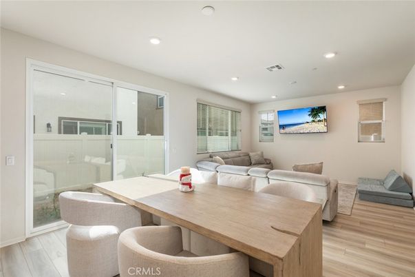 Dining room, Interior, Living room, Recessed Lighting, Wood Texture Flooring