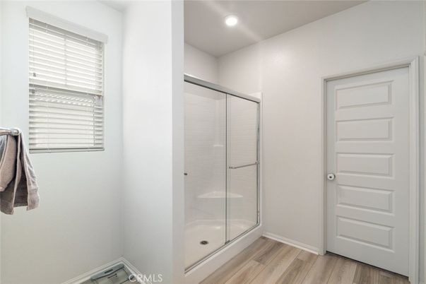 Bathroom, Glass Shower, Interior, Recessed Lighting, Wood Texture Flooring