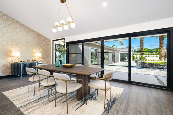 Dining room, Interior, Pendant Lights, Recessed Lighting, Wood Texture Flooring