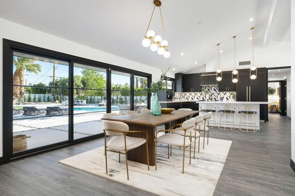 Dining room, Interior, Kitchen, Pendant Lights, Recessed Lighting, Wood Texture Flooring