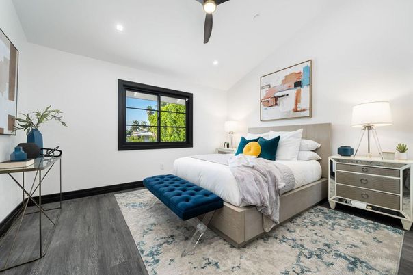 Bedroom, Interior, Recessed Lighting, Wood Texture Flooring