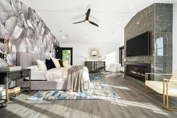 Bedroom, Fireplace, Interior, Marble Walls, Recessed Lighting, Wood Texture Flooring