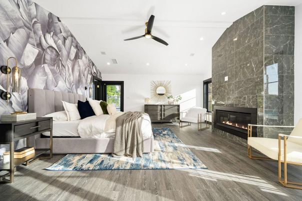 Bedroom, Fireplace, Interior, Marble Walls, Recessed Lighting, Wood Texture Flooring