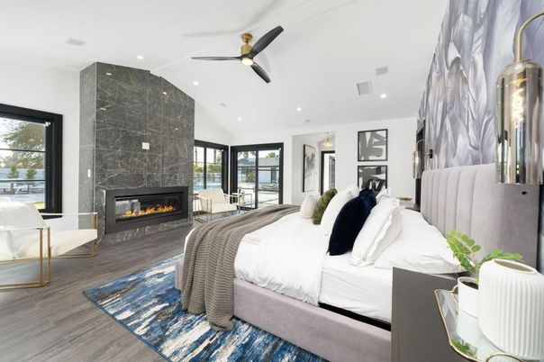 Bedroom, Fireplace, Interior, Marble Walls, Recessed Lighting, Wood Texture Flooring