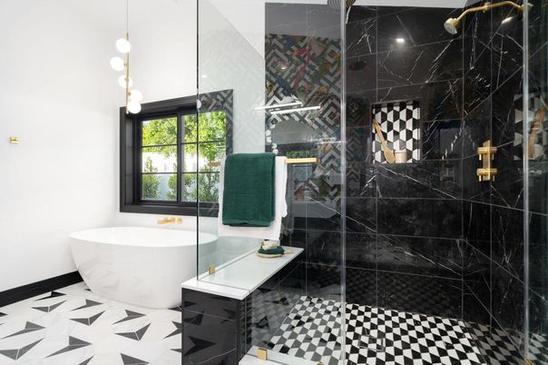 Bathroom, Free Standing Baths, Glass Shower, Interior, Marble Walls, Pendant Lights