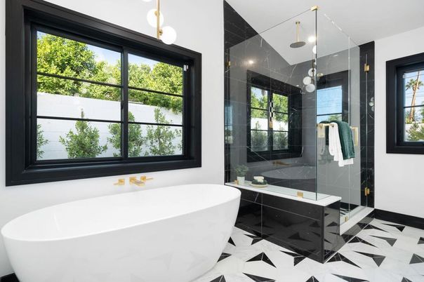 Bathroom, Free Standing Baths, Glass Shower, Interior, Marble Walls, Pendant Lights, Recessed Lighting
