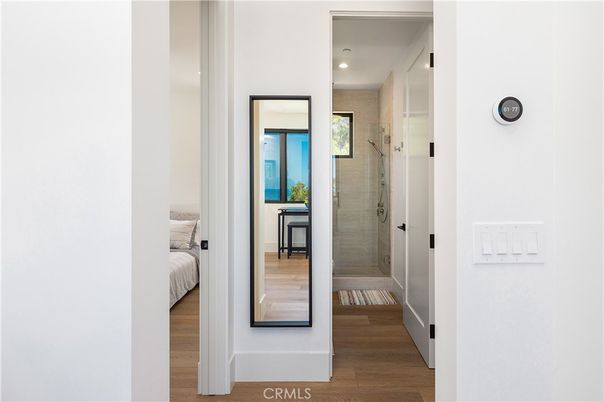 Bathroom, Bedroom, Glass Shower, Interior, Recessed Lighting, Wood Texture Flooring