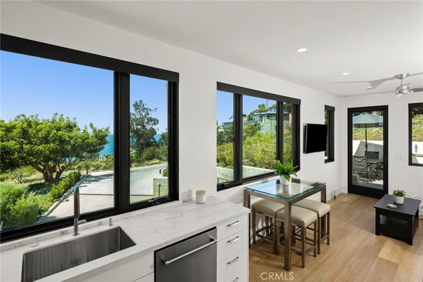 Dining room, Interior, Kitchen, Recessed Lighting, Water, Wood Texture Flooring
