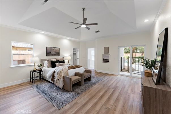 Bedroom, Interior, Recessed Lighting, Wood Texture Flooring