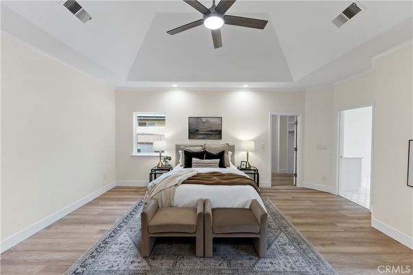 Bedroom, Interior, Recessed Lighting, Wood Texture Flooring