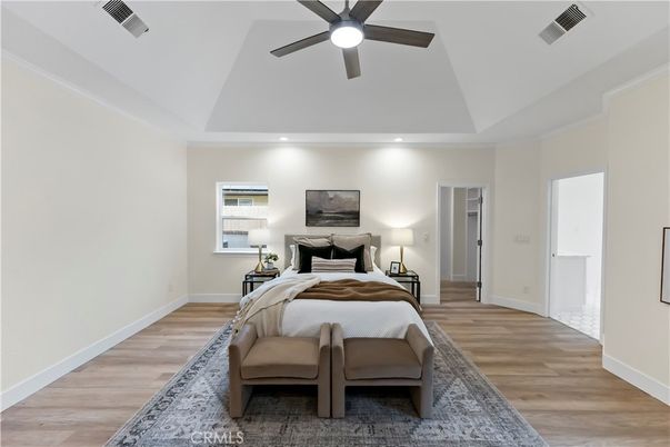 Bedroom, Interior, Recessed Lighting, Wood Texture Flooring