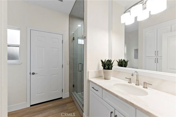 Bathroom, Glass Shower, Interior, Wood Texture Flooring