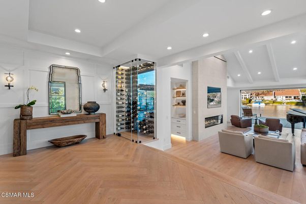 Fireplace, Interior, Recessed Lighting, Wine Storage, Wood Texture Flooring