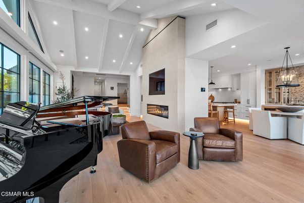 Dining room, Fireplace, Interior, Kitchen, Living room, Pendant Lights, Recessed Lighting, Stone Walls, Wood Texture Flooring