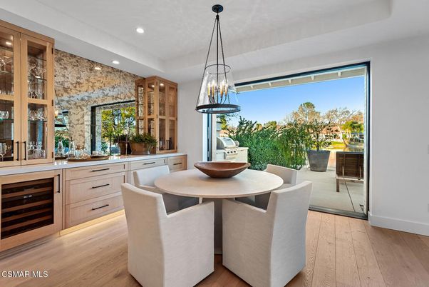 Dining room, Interior, Pendant Lights, Recessed Lighting, Stone Walls, Wood Texture Flooring