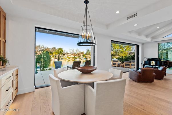 Dining room, Interior, Living room, Pendant Lights, Piano, Recessed Lighting, Wood Texture Flooring