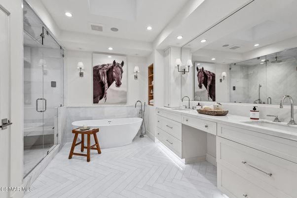 Bathroom, Dual Sink Vanities, Free Standing Baths, Glass Shower, Interior, Recessed Lighting