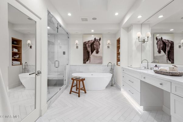 Bathroom, Dual Sink Vanities, Free Standing Baths, Glass Shower, Interior, Recessed Lighting
