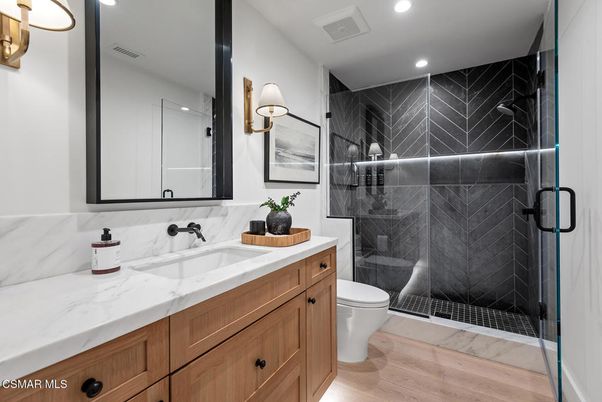 Bathroom, Glass Shower, Interior, Marble Walls, Recessed Lighting, Wood Texture Flooring