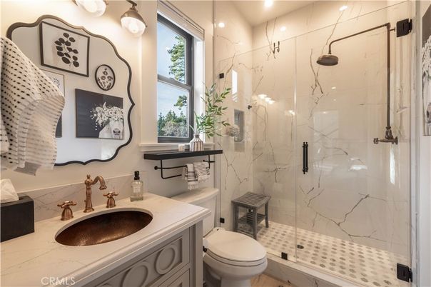Bathroom, Glass Shower, Interior, Marble Walls, Recessed Lighting