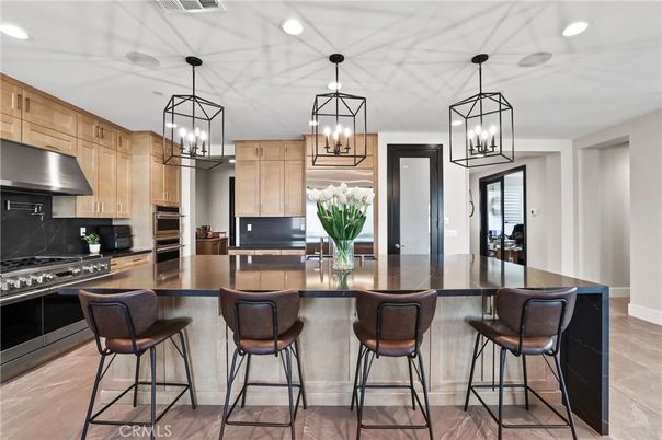 Chandelier, Interior, Kitchen, Pendant Lights, Recessed Lighting, Stainless Steel Appliances, Wood Texture Flooring