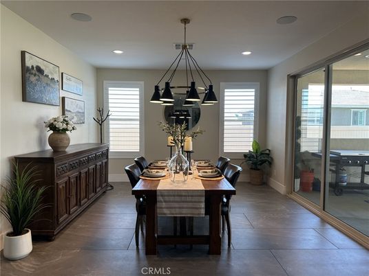 Dining room, Interior, Pendant Lights, Recessed Lighting, Wood Texture Flooring