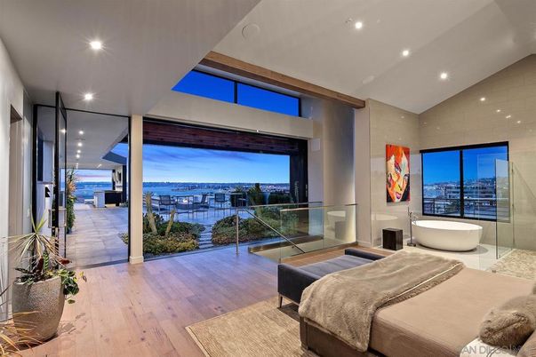 Bedroom, Interior, Recessed Lighting, Water, Wood Texture Flooring