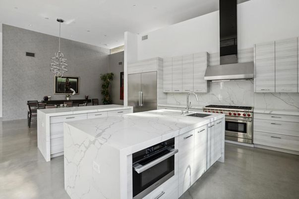 Dining room, Interior, Kitchen, Marble Walls, Pendant Lights, Recessed Lighting, Stainless Steel Appliances