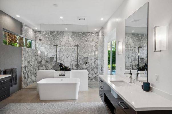 Bathroom, Dual Sink Vanities, Free Standing Baths, Glass Shower, Interior, Marble Walls, Recessed Lighting