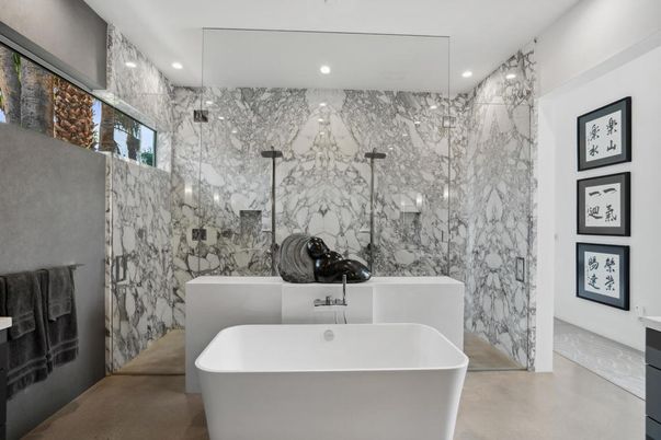 Bathroom, Free Standing Baths, Glass Shower, Interior, Marble Walls, Recessed Lighting