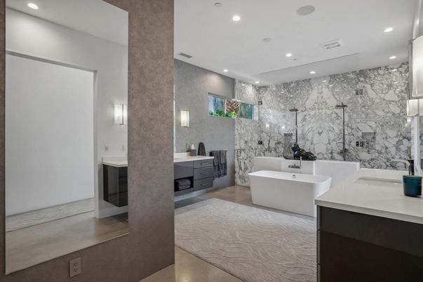 Bathroom, Dual Sink Vanities, Free Standing Baths, Interior, Marble Walls, Recessed Lighting
