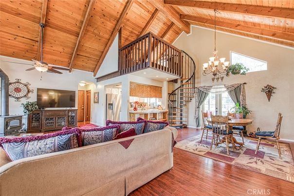 Chandelier, Dining room, Interior, Living room, Recessed Lighting, Wooden Beams, Wooden Ceilings, Wood Texture Flooring