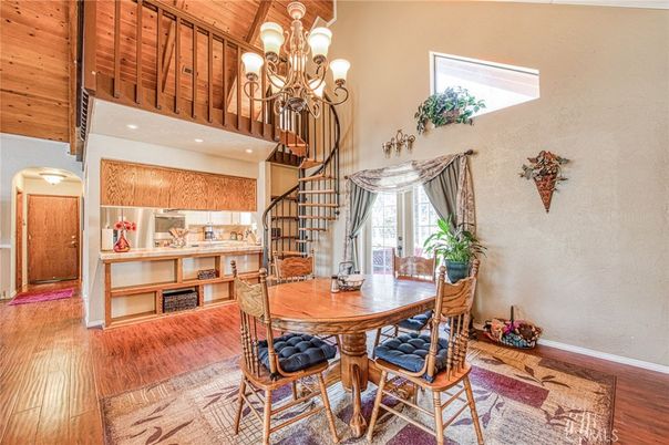 Chandelier, Dining room, Interior, Recessed Lighting, Wooden Beams, Wooden Ceilings, Wood Texture Flooring