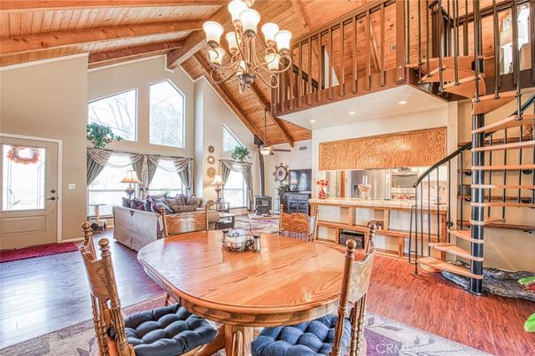 Chandelier, Dining room, Interior, Kitchen, Living room, Recessed Lighting, Stainless Steel Appliances, Wooden Beams, Wooden Ceilings, Wood Texture Flooring