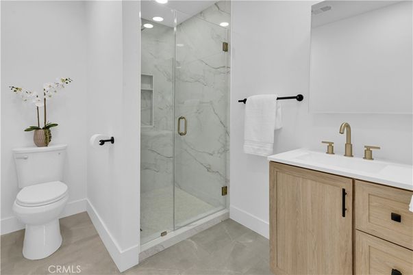 Bathroom, Glass Shower, Interior, Marble Walls, Recessed Lighting