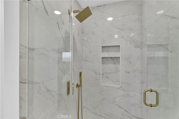 Bathroom, Glass Shower, Interior, Marble Walls, Recessed Lighting