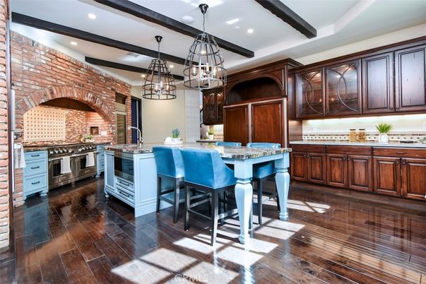 Interior, Kitchen, Pendant Lights, Recessed Lighting, Stainless Steel Appliances, Stone Walls, Wooden Beams, Wood Texture Flooring