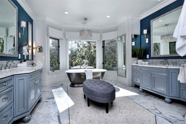 Bathroom, Dual Sink Vanities, Free Standing Baths, Interior, Marble, Recessed Lighting