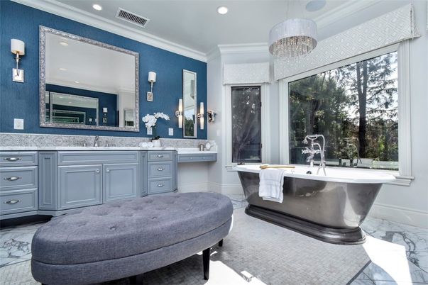 Bathroom, Chandelier, Dual Sink Vanities, Free Standing Baths, Interior, Marble, Recessed Lighting